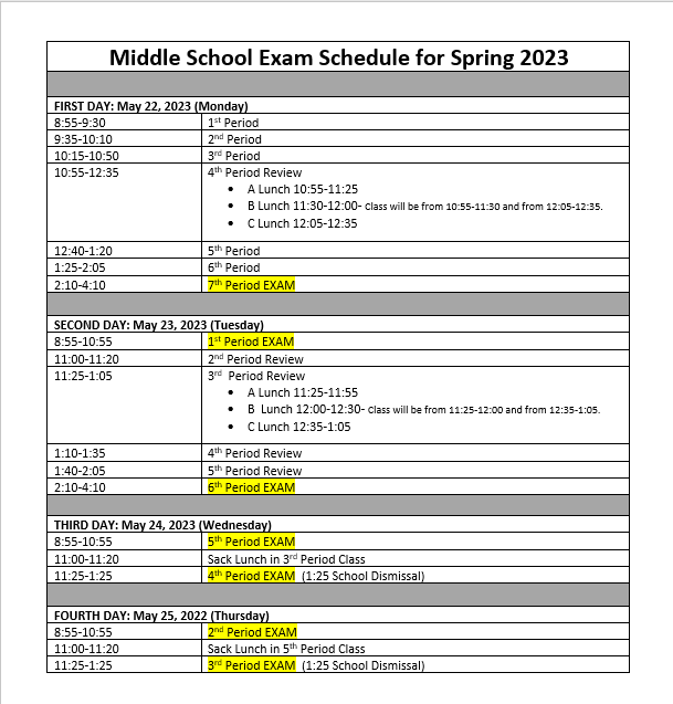  Exam Schedule